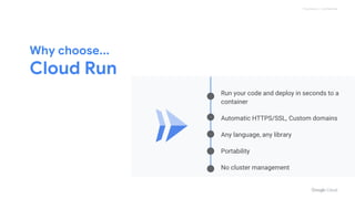 Proprietary + Confidential
Why choose...
Cloud Run
Run your code and deploy in seconds to a
container
Automatic HTTPS/SSL, Custom domains
Any language, any library
Portability
No cluster management
 