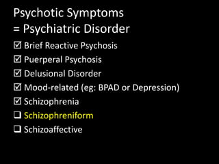 Psychotic Symptoms
= Psychiatric Disorder
 Brief Reactive Psychosis
 Puerperal Psychosis
 Delusional Disorder
 Mood-related (eg: BPAD or Depression)
 Schizophrenia
 Schizophreniform
 Schizoaffective
 