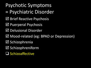 Psychotic Symptoms
= Psychiatric Disorder
 Brief Reactive Psychosis
 Puerperal Psychosis
 Delusional Disorder
 Mood-related (eg: BPAD or Depression)
 Schizophrenia
 Schizophreniform
 Schizoaffective
 