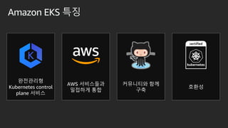 호환성
완전관리형
Kubernetes control
plane 서비스
커뮤니티와 함께
구축
AWS 서비스들과
밀접하게 통합
Amazon EKS 특징
 