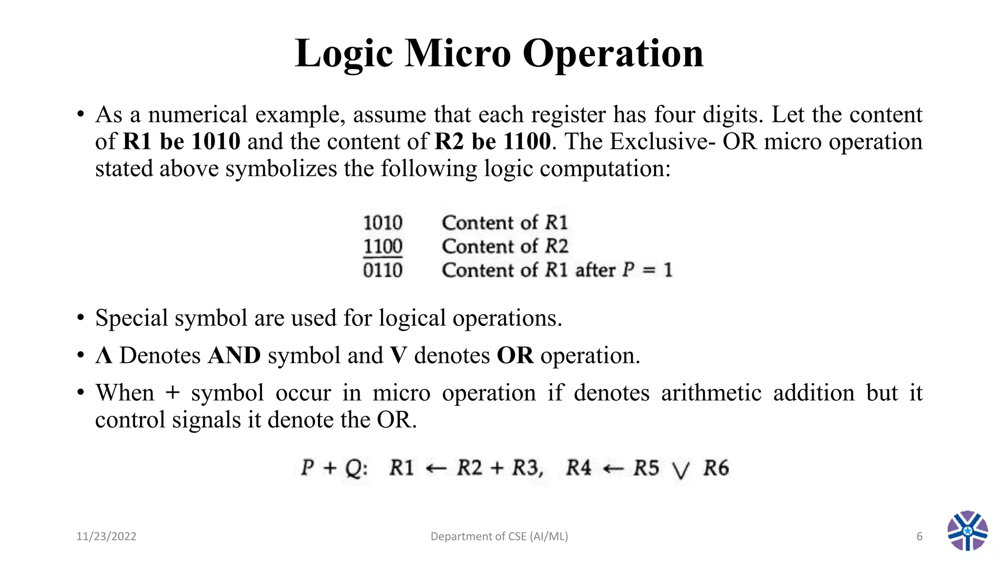 Logic Micro Operation
• As a numerical example, assume that each register has four digits. Let the content
of R1 be 1010 and the content of R2 be 1100. The Exclusive- OR micro operation
stated above symbolizes the following logic computation:
• Special symbol are used for logical operations.
• Ʌ Denotes AND symbol and V denotes OR operation.
• When + symbol occur in micro operation if denotes arithmetic addition but it
control signals it denote the OR.
11/23/2022 Department of CSE (AI/ML) 6
 