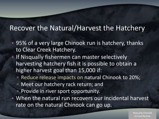 Recover the Natural/Harvest the Hatchery95% of a very large Chinook run is hatchery, thanks to Clear Creek Hatchery.  If Nisqually fishermen can master selectively harvesting hatchery fish it is possible to obtain a higher harvest goal than 15,000 if:Reduce release impacts on natural Chinook to 20%;Meet our hatchery rack return; and Provide in river sport opportunity. When the natural run recovers our incidental harvest rate on the natural Chinook can go up. 