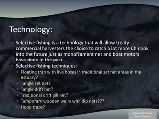 Technology:Selective fishing is a technology that will allow treaty commercial harvesters the choice to catch a lot more Chinook into the future just as monofilament net and boat motors have done in the past.Selective fishing techniques:Floating trap with live boxes in traditional set net areas in the estuary?Tangle set net?Tangle drift net?Traditional drift gill net?Temporary wooden weirs with dip nets???Hoop traps?