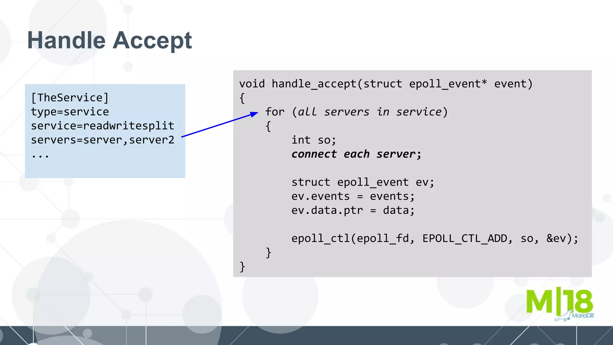 Handle Accept
void handle_accept(struct epoll_event* event)
{
for (all servers in service)
{
int so;
connect each server;
struct epoll_event ev;
ev.events = events;
ev.data.ptr = data;
epoll_ctl(epoll_fd, EPOLL_CTL_ADD, so, &ev);
}
}
[TheService]
type=service
service=readwritesplit
servers=server,server2
...
 