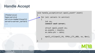 Handle Accept
void handle_accept(struct epoll_event* event)
{
for (all servers in service)
{
int so;
connect each server;
struct epoll_event ev;
ev.events = events;
ev.data.ptr = data;
epoll_ctl(epoll_fd, EPOLL_CTL_ADD, so, &ev);
}
}
[TheService]
type=service
service=readwritesplit
servers=server,server2
...
 
