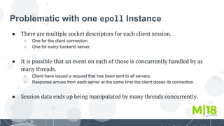 Problematic with one epoll Instance
● There are multiple socket descriptors for each client session.
○ One for the client connection.
○ One for every backend server.
● It is possible that an event on each of those is concurrently handled by as
many threads.
○ Client have issued a request that has been sent to all servers.
○ Response arrives from each server at the same time the client closes its connection.
● Session data ends up being manipulated by many threads concurrently.
 