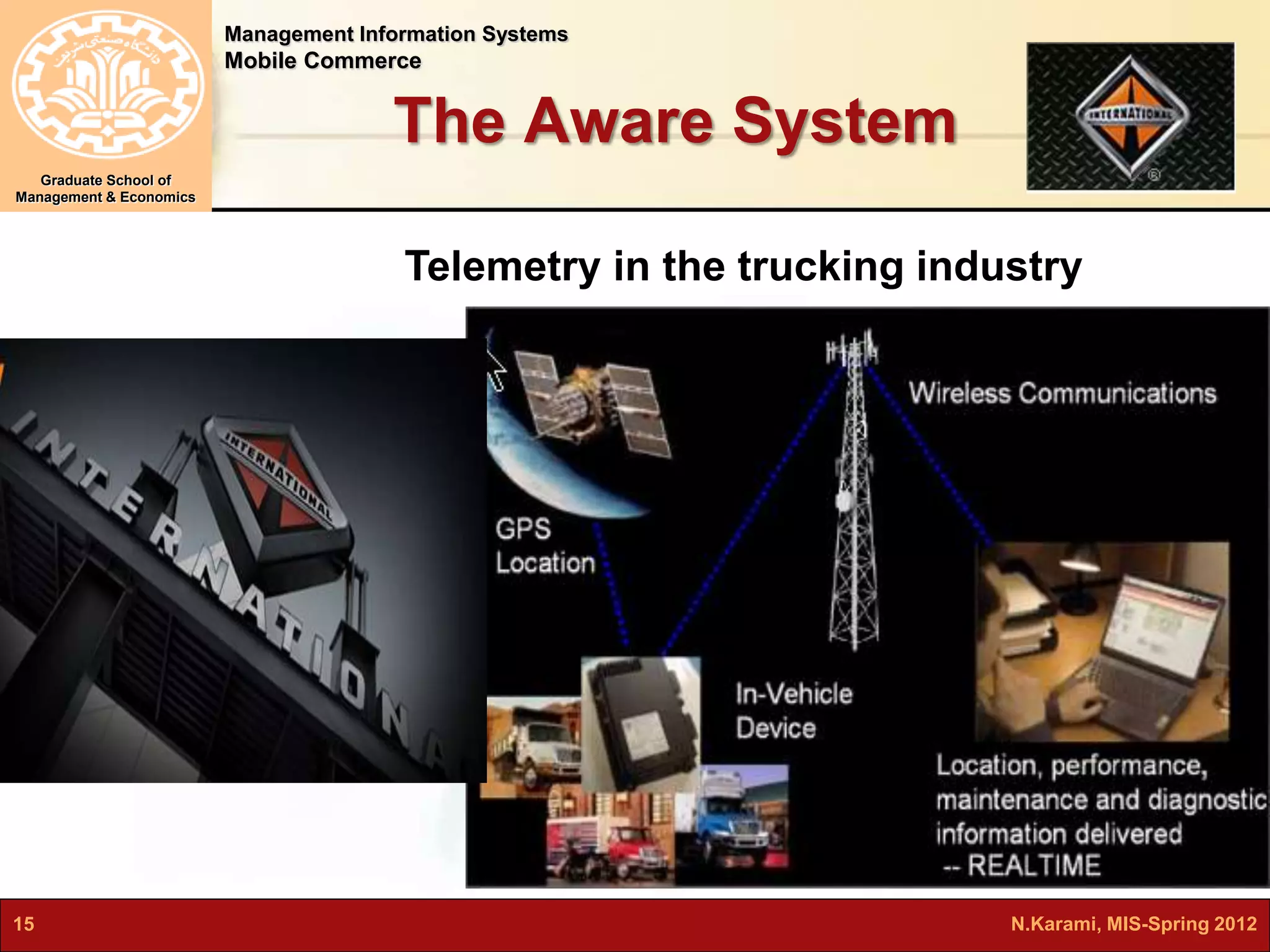 Management Information Systems 
Mobile Commerce 
Graduate School of 
Management & Economics 
The Aware System 
Telemetry in the trucking industry 
15 N.Karami, MIS-Spring 2012 
 