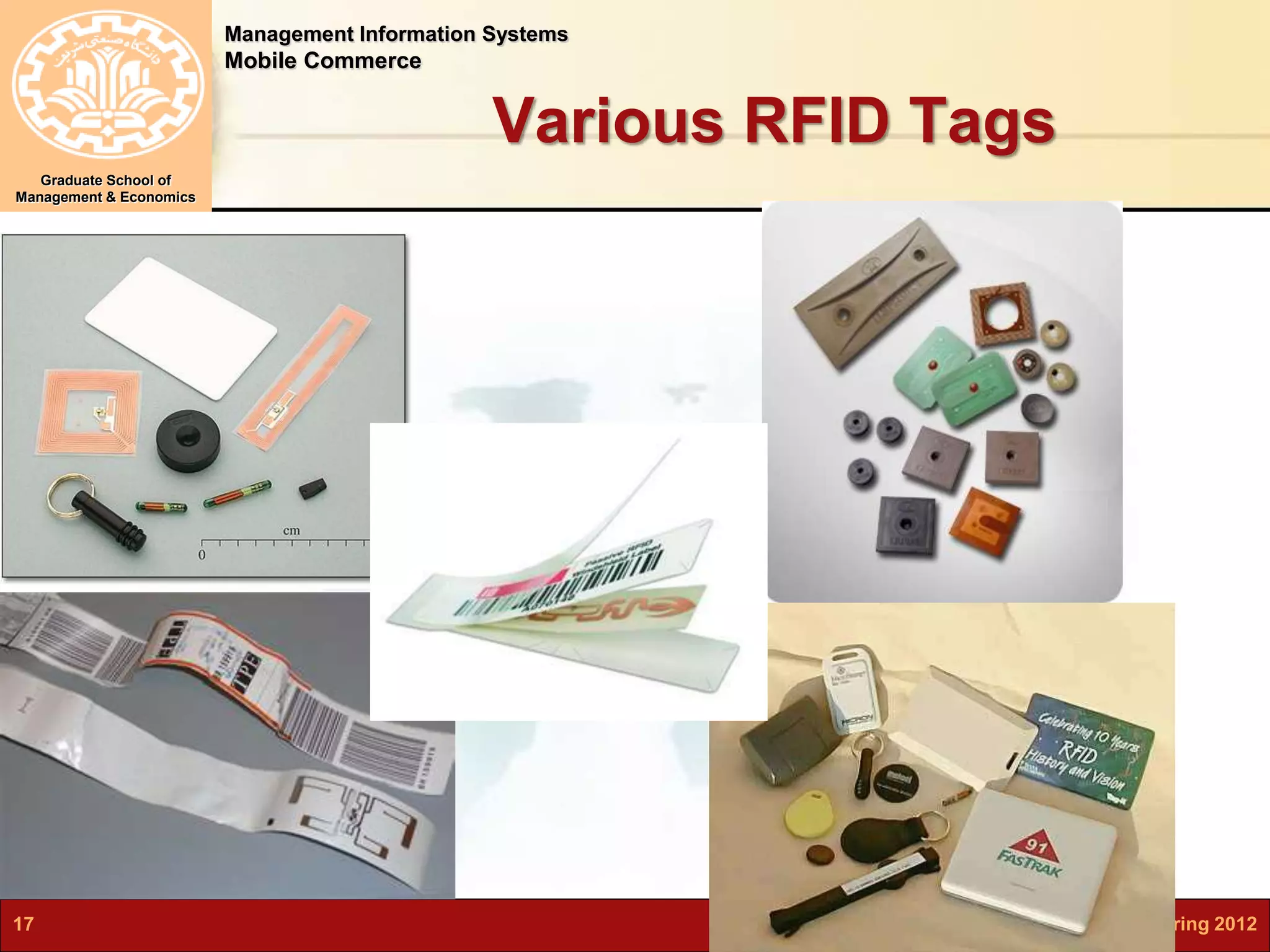 Management Information Systems 
Mobile Commerce 
Graduate School of 
Management & Economics 
Various RFID Tags 
17 N.Karami, MIS-Spring 2012 
 