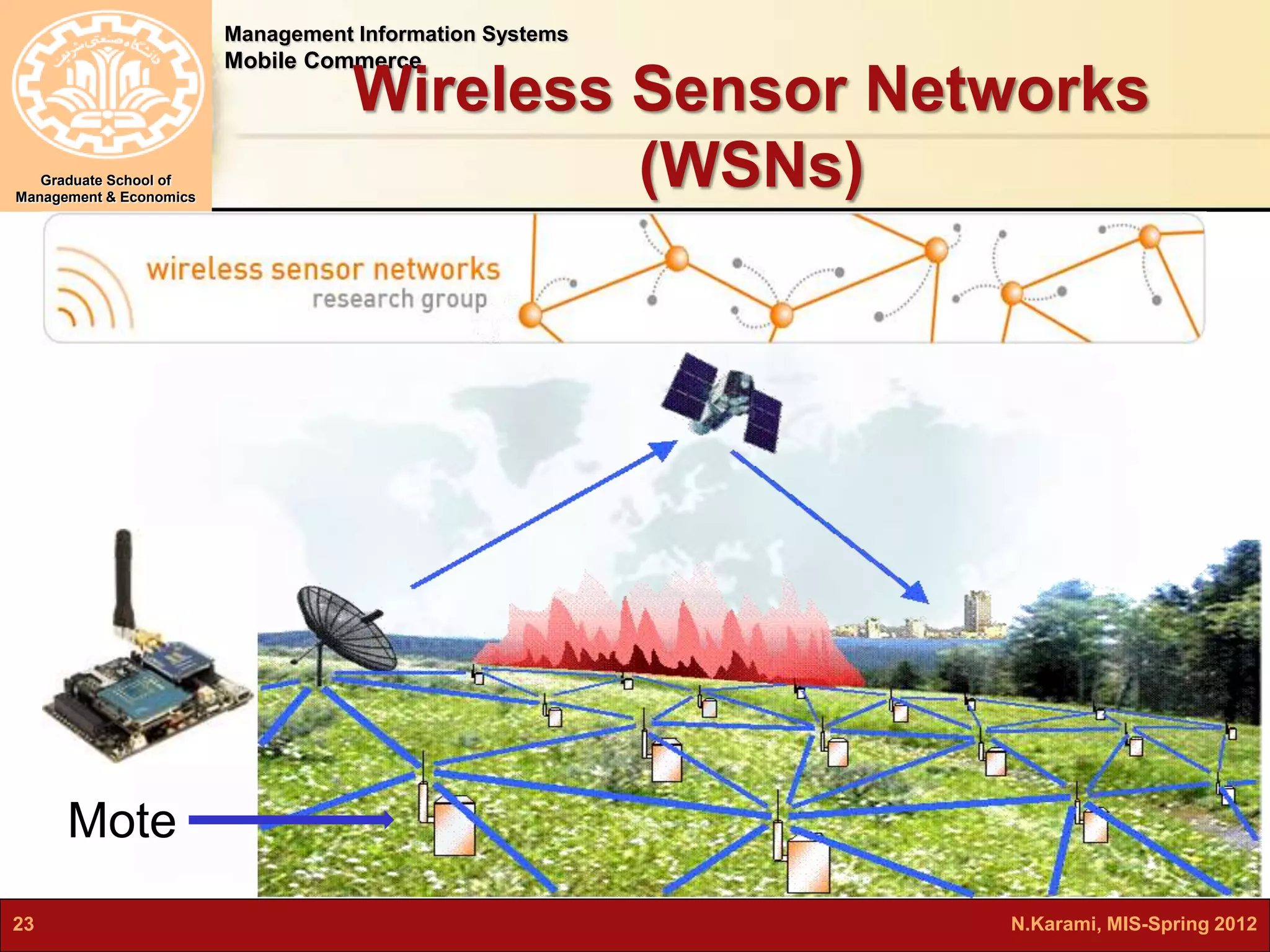 Management Information Systems 
Mobile Commerce 
Graduate School of 
Management & Economics 
Wireless Sensor Networks 
(WSNs) 
Mote 
23 N.Karami, MIS-Spring 2012 
 