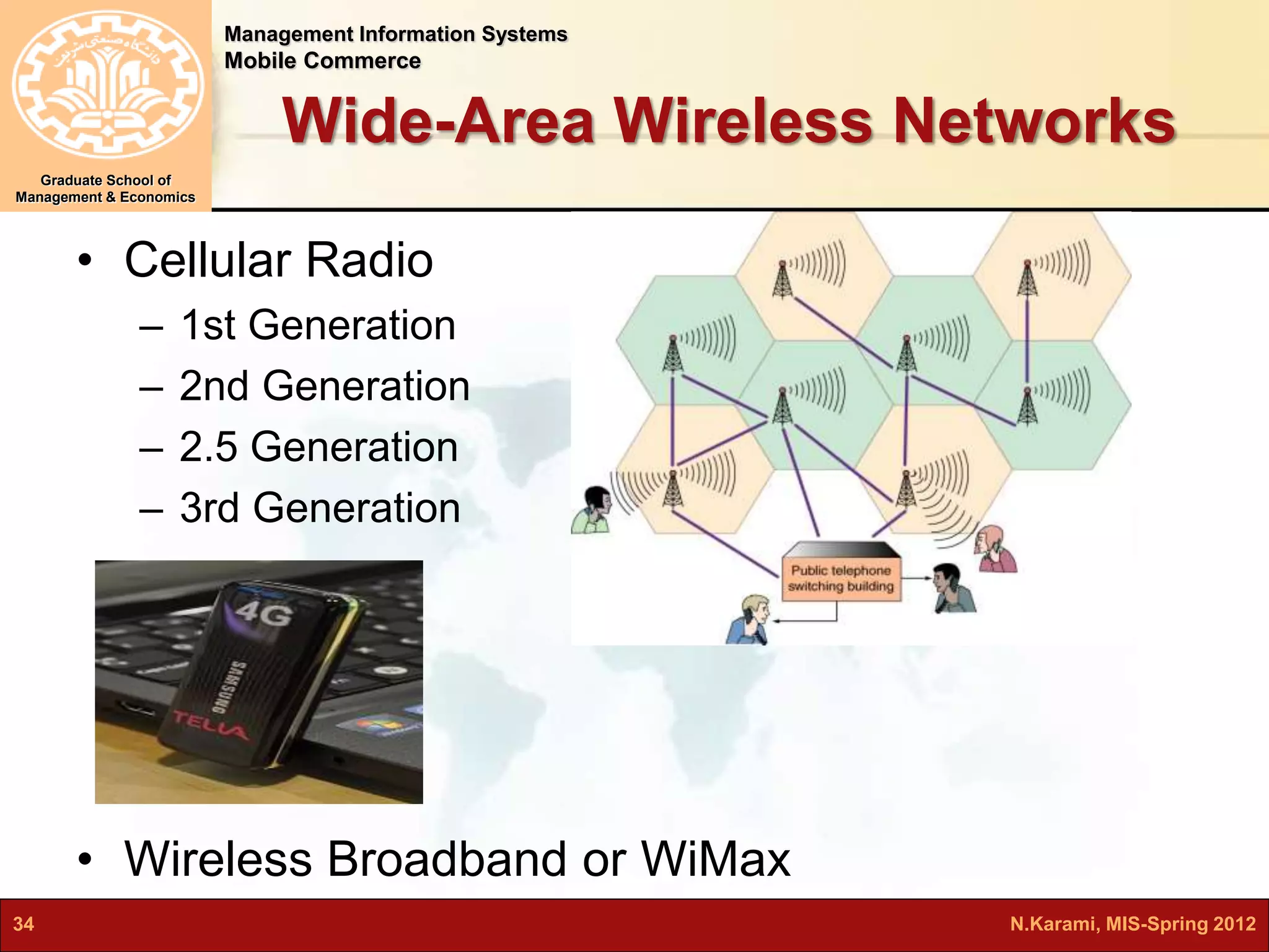 Management Information Systems 
Mobile Commerce 
Graduate School of 
Management & Economics 
Wide-Area Wireless Networks 
• Cellular Radio 
– 1st Generation 
– 2nd Generation 
– 2.5 Generation 
– 3rd Generation 
• Wireless Broadband or WiMax 
34 N.Karami, MIS-Spring 2012 
 