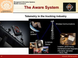 Management Information Systems 
Mobile Commerce 
Graduate School of 
Management & Economics 
The Aware System 
Telemetry in the trucking industry 
15 N.Karami, MIS-Spring 2012 
 