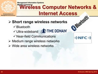 Management Information Systems 
Mobile Commerce 
Graduate School of 
Management & Economics 
Wireless Computer Networks & 
Internet Access 
 Short range wireless networks 
 Bluetooth 
 Ultra-wideband 
Near-field Communications 
 Medium range wireless networks 
 Wide area wireless networks 
26 N.Karami, MIS-Spring 2012 
 