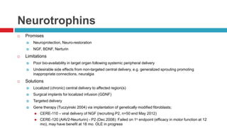 Neurotrophins
   Promises
       Neuroprotection, Neuro-restoration
       NGF, BDNF, Nerturin
   Limitations
       Poor bio-availability in target organ following systemic peripheral delivery
       Undesirable side effects from non-targeted central delivery, e.g. generalized sprouting promoting
        inappropriate connections, neuralgia
   Solutions
       Localized (chronic) central delivery to affected region(s)
       Surgical implants for localized infusion (GDNF)
       Targeted delivery
       Gene therapy (Tuczyinski 2004) via implantation of genetically modified fibroblasts;
           CERE-110 – viral delivery of NGF (recruiting P2, n=50 end May 2012)
           CERE-120 (AAV2-Neurturin) - P2 (Dec 2008): Failed on 1o endpoint (efficacy in motor function at 12
            mo), may have benefit at 18 mo. OLE in progress
 