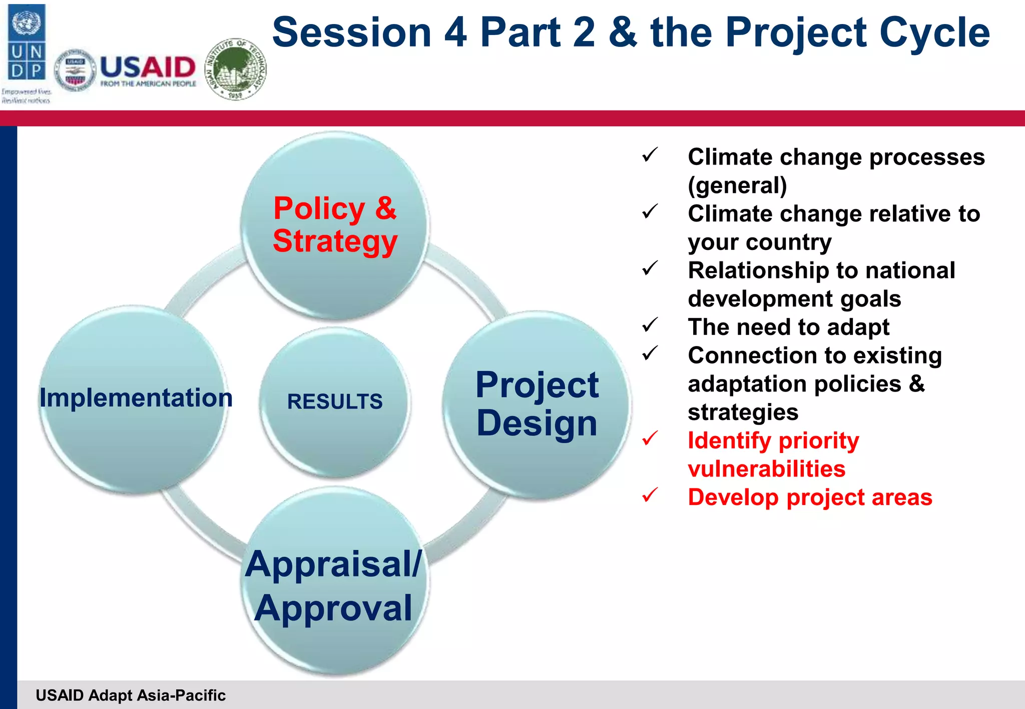 USAID Adapt Asia-Pacific
Session 4 Part 2 & the Project Cycle
RESULTS
Policy &
Strategy
Project
Design
Implementation
Appraisal/
Approval
 Climate change processes
(general)
 Climate change relative to
your country
 Relationship to national
development goals
 The need to adapt
 Connection to existing
adaptation policies &
strategies
 Identify priority
vulnerabilities
 Develop project areas
 
