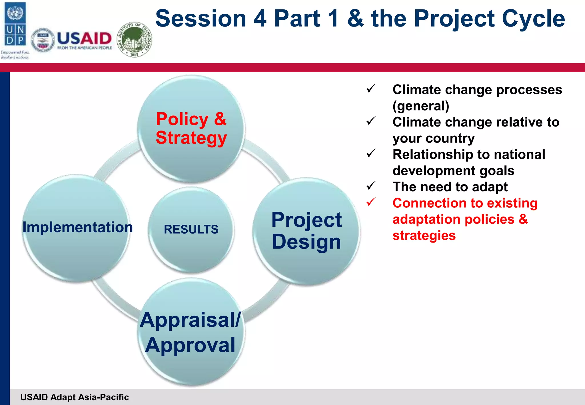 USAID Adapt Asia-Pacific
Session 4 Part 1 & the Project Cycle
RESULTS
Policy &
Strategy
Project
Design
Implementation
Appraisal/
Approval
 Climate change processes
(general)
 Climate change relative to
your country
 Relationship to national
development goals
 The need to adapt
 Connection to existing
adaptation policies &
strategies
 