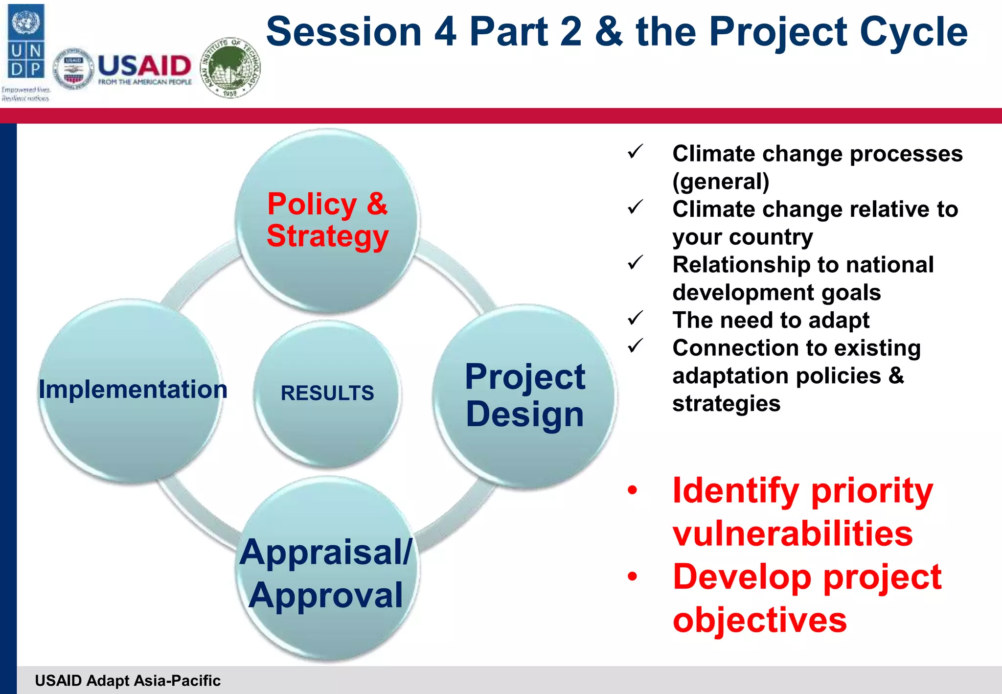 USAID Adapt Asia-Pacific
Session 4 Part 2 & the Project Cycle
RESULTS
Policy &
Strategy
Project
Design
Implementation
Appraisal/
Approval
 Climate change processes
(general)
 Climate change relative to
your country
 Relationship to national
development goals
 The need to adapt
 Connection to existing
adaptation policies &
strategies
• Identify priority
vulnerabilities
• Develop project
objectives
 