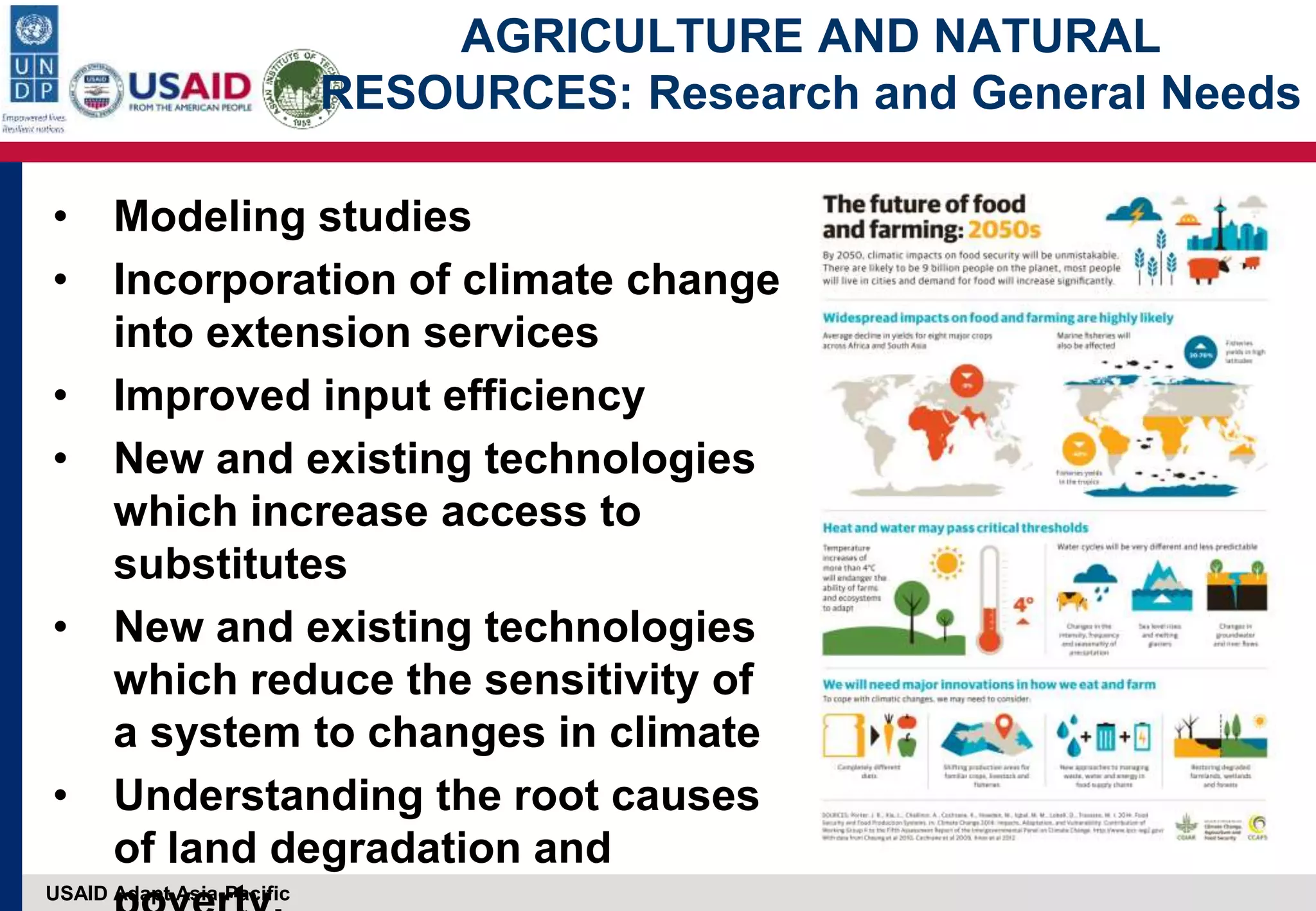 USAID Adapt Asia-Pacific
AGRICULTURE AND NATURAL
RESOURCES: Research and General Needs
• Modeling studies
• Incorporation of climate change
into extension services
• Improved input efficiency
• New and existing technologies
which increase access to
substitutes
• New and existing technologies
which reduce the sensitivity of
a system to changes in climate
• Understanding the root causes
of land degradation and
 