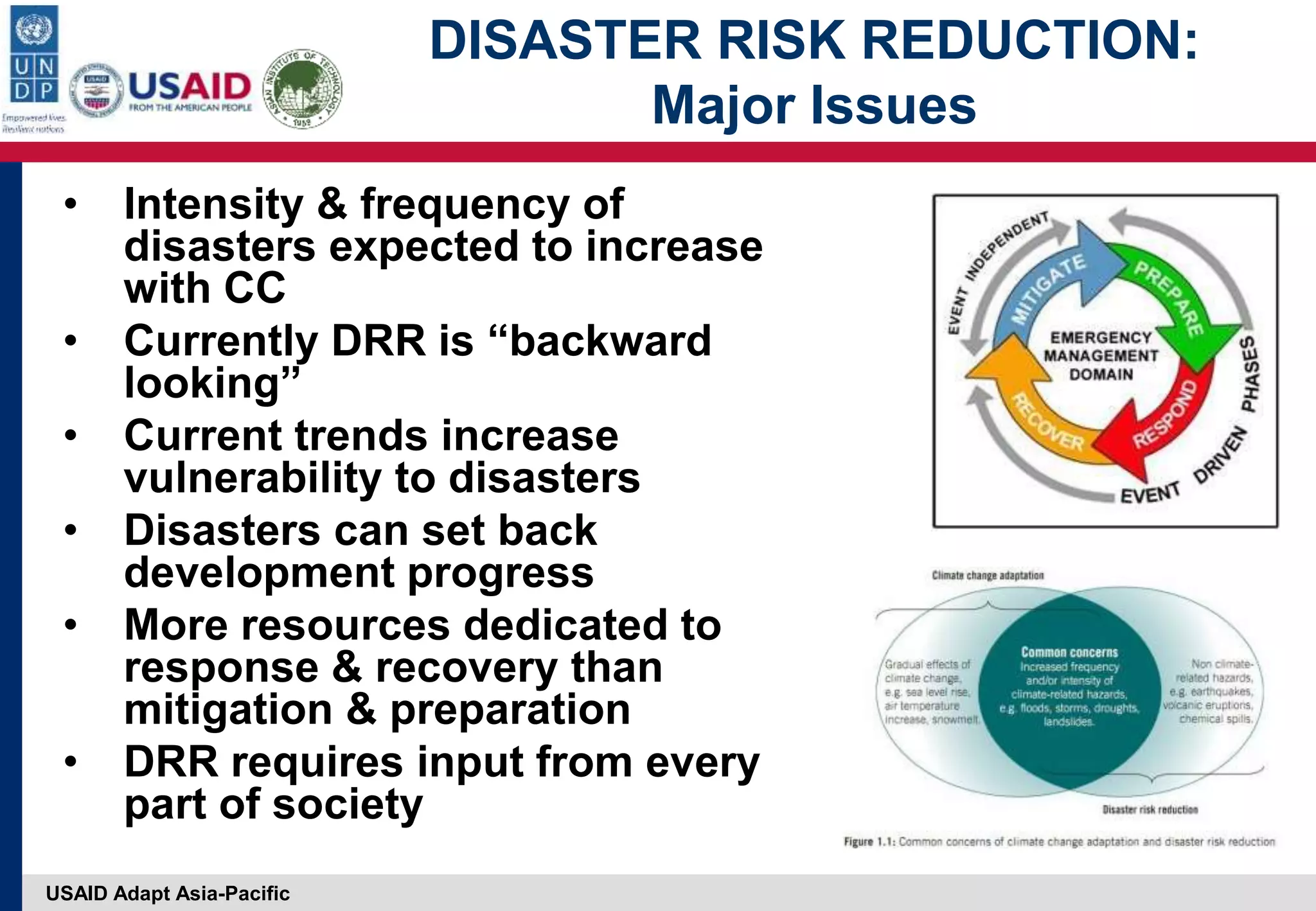 USAID Adapt Asia-Pacific
DISASTER RISK REDUCTION:
Major Issues
• Intensity & frequency of
disasters expected to increase
with CC
• Currently DRR is “backward
looking”
• Current trends increase
vulnerability to disasters
• Disasters can set back
development progress
• More resources dedicated to
response & recovery than
mitigation & preparation
• DRR requires input from every
part of society
 