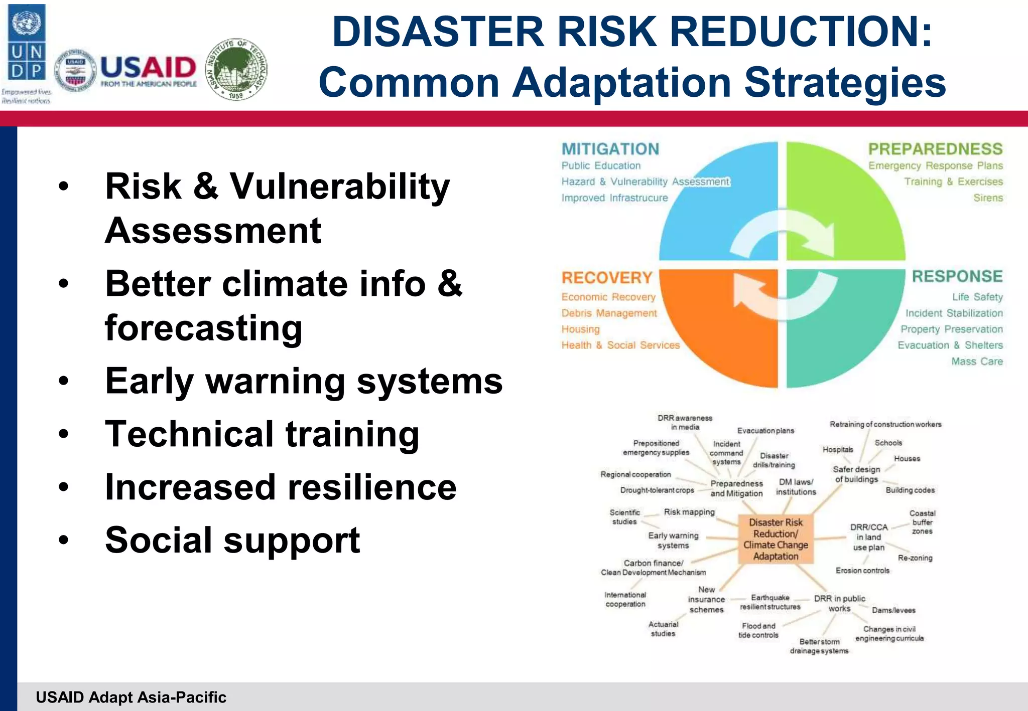 USAID Adapt Asia-Pacific
DISASTER RISK REDUCTION:
Common Adaptation Strategies
• Risk & Vulnerability
Assessment
• Better climate info &
forecasting
• Early warning systems
• Technical training
• Increased resilience
• Social support
 