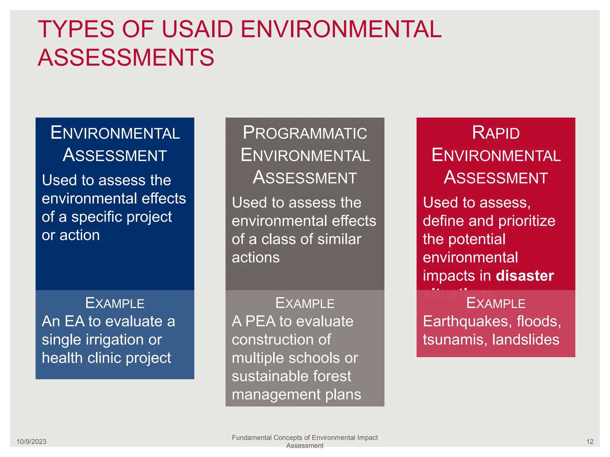 TYPES OF USAID ENVIRONMENTAL
ASSESSMENTS
10/9/2023
Fundamental Concepts of Environmental Impact
Assessment
12
ENVIRONMENTAL
ASSESSMENT
Used to assess the
environmental effects
of a specific project
or action
PROGRAMMATIC
ENVIRONMENTAL
ASSESSMENT
Used to assess the
environmental effects
of a class of similar
actions
RAPID
ENVIRONMENTAL
ASSESSMENT
Used to assess,
define and prioritize
the potential
environmental
impacts in disaster
situations
EXAMPLE
An EA to evaluate a
single irrigation or
health clinic project
EXAMPLE
A PEA to evaluate
construction of
multiple schools or
sustainable forest
management plans
EXAMPLE
Earthquakes, floods,
tsunamis, landslides
 
