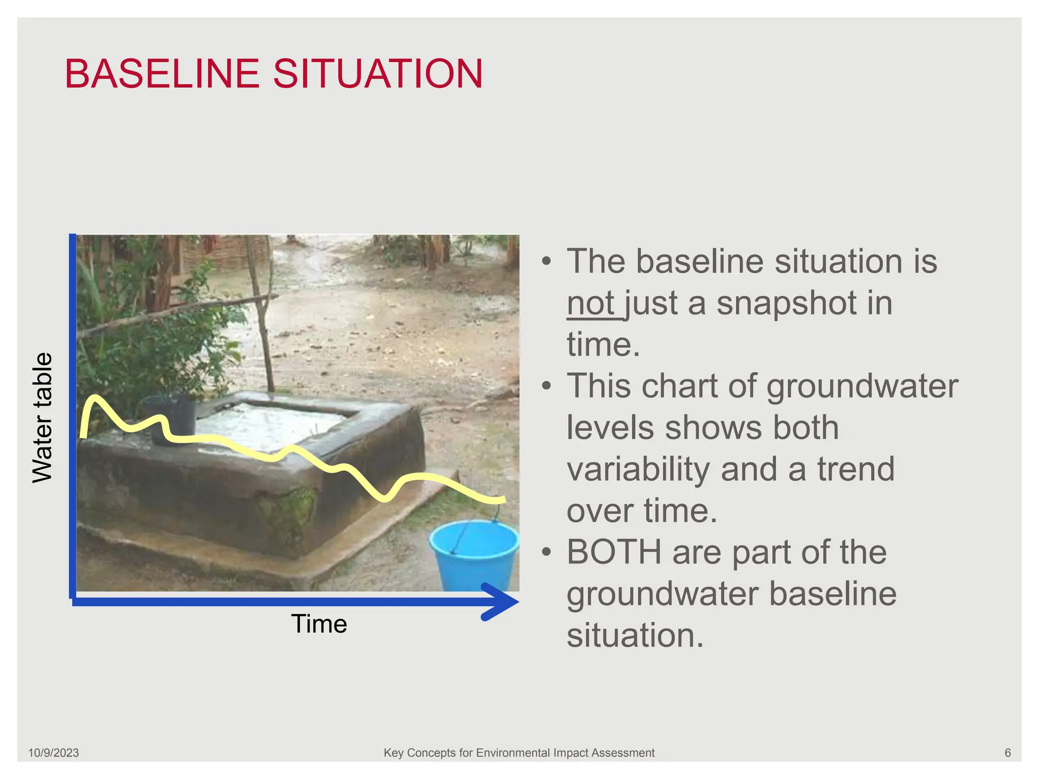 BASELINE SITUATION
10/9/2023 Key Concepts for Environmental Impact Assessment 6
• The baseline situation is
not just a snapshot in
time.
• This chart of groundwater
levels shows both
variability and a trend
over time.
• BOTH are part of the
groundwater baseline
situation.
Time
Water
table
 