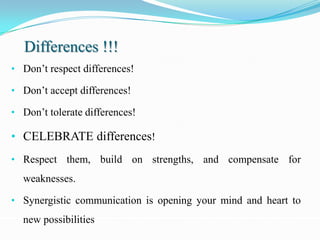 Differences !!!
• Don’t respect differences!

• Don’t accept differences!

• Don’t tolerate differences!

• CELEBRATE differences!
• Respect them, build on strengths, and compensate for
  weaknesses.

• Synergistic communication is opening your mind and heart to
  new possibilities
 