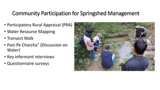 Community Participation for Springshed Management
• Participatory Rural Appraisal (PRA)
• Water Resource Mapping
• Transect Walk
• Pani Pe Charcha” (Discussion on
Water)
• Key informant interviews
• Questionnaire surveys
 