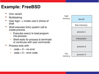 Example: FreeBSD
 Unix variant
 Multitasking
 User login -> invoke user’s choice of
shell
 Shell executes fork() system call to
create process
• Executes exec() to load program
into process
• Shell waits for process to terminate
or continues with user commands
 Process exits with:
• code = 0 – no error
• code > 0 – error code
 