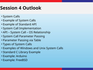 Session 4 Outlook
• System Calls
• Example of System Calls
• Example of Standard API
• System Call Implementation
• API – System Call – OS Relationship
• System Call Parameter Passing
• Parameter Passing via Table
• Types of System Calls
• Examples of Windows and Unix System Calls
• Standard C Library Example
• Example: Arduino
• Example: FreeBSD
 
