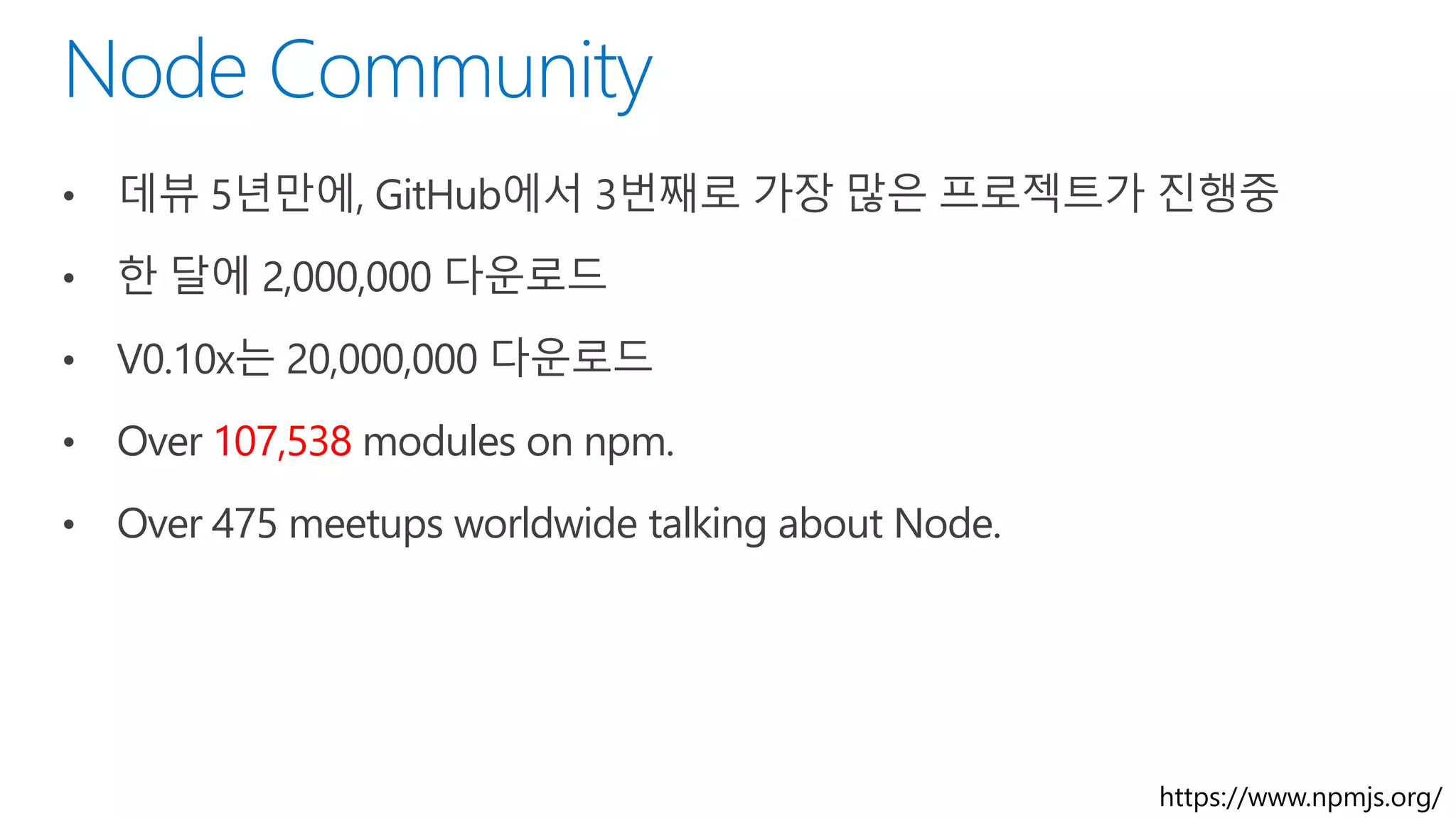 • 데뷰 5년만에, GitHub에서 3번째로 가장 많은 프로젝트가 진행중
• 한 달에 2,000,000 다운로드
• V0.10x는 20,000,000 다운로드
• Over 107,538 modules on npm.
• Over 475 meetups worldwide talking about Node.
https://www.npmjs.org/
 