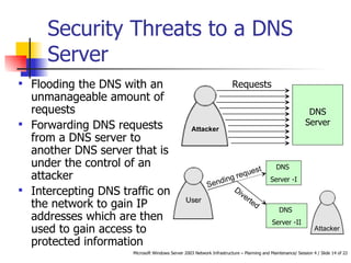 Security Threats to a DNS Server Flooding the DNS with an unmanageable amount of requests  Forwarding DNS requests from a DNS server to another DNS server that is under the control of an attacker Intercepting DNS traffic on the network to gain IP addresses which are then used to gain access to protected information DNS Server Requests DNS  Server -I DNS  Server -II Attacker Sending request Attacker Diverted 