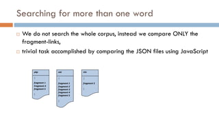 Searching for more than one word
¨ We do not search the whole corpus, instead we compare ONLY the
fragment-links,
¨ trivial task accomplished by comparing the JSON files using JavaScript
{
fragment 1
Fragment 4
fragment 5
}
γάρ
{
fragment 1
fragment 2
fragment 3
fragment 4
fragment 5
}
καί
{
fragment 5
}
τόν
 