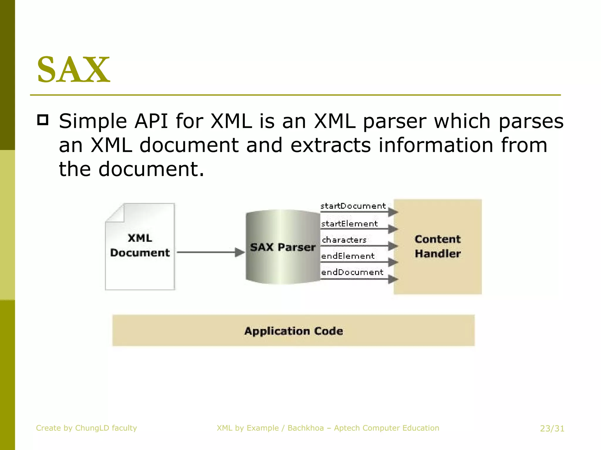 SAX Simple API for XML is an XML parser which parses an XML document and extracts information from the document. Create by ChungLD faculty /31 
