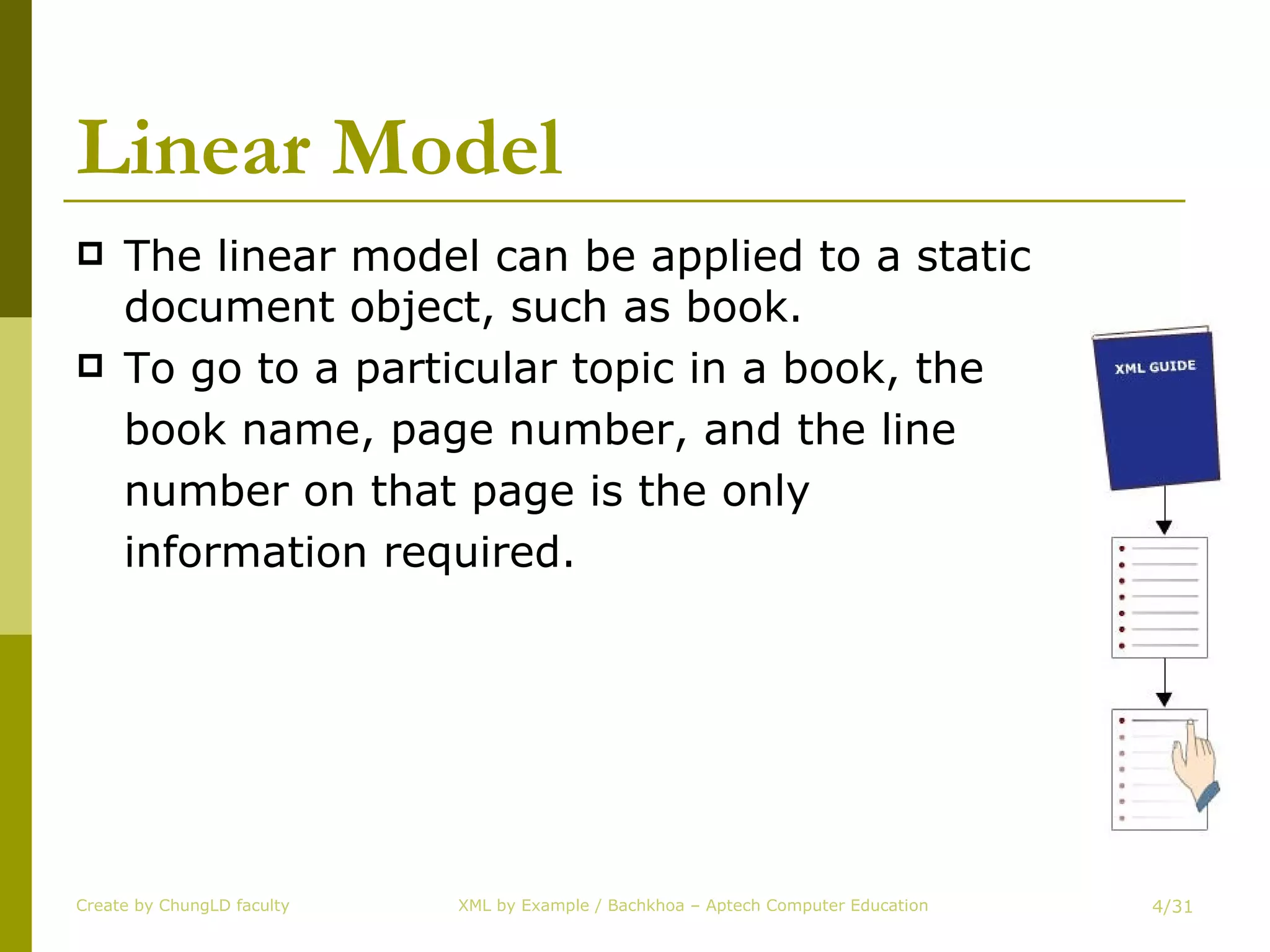 Linear Model The linear model can be applied to a static document object, such as book. To go to a particular topic in a book, the  book name, page number, and the line  number on that page is the only information required. Create by ChungLD faculty /31 