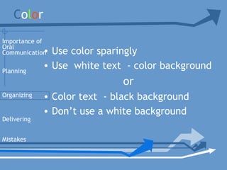 Color
• Use color sparingly
• Use white text - color background
or
• Color text - black background
• Don’t use a white background
Planning
Organizing
Delivering
Mistakes
Importance of
Oral
Communication
 
