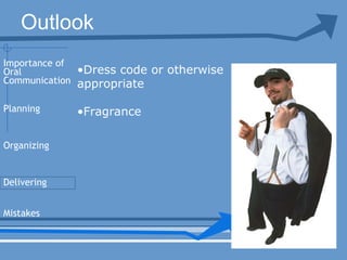 Outlook
•Dress code or otherwise
appropriate
•FragrancePlanning
Organizing
Delivering
Mistakes
Importance of
Oral
Communication
 