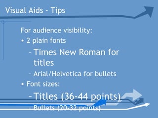 Visual Aids - Tips
For audience visibility:
• 2 plain fonts
– Times New Roman for
titles
– Arial/Helvetica for bullets
• Font sizes:
–Titles (36-44 points)
– Bullets (20-32 points)
 