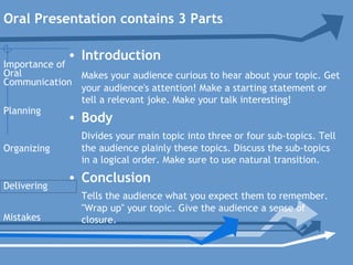 Oral Presentation contains 3 Parts
• Introduction
Makes your audience curious to hear about your topic. Get
your audience's attention! Make a starting statement or
tell a relevant joke. Make your talk interesting!
• Body
Divides your main topic into three or four sub-topics. Tell
the audience plainly these topics. Discuss the sub-topics
in a logical order. Make sure to use natural transition.
• Conclusion
Tells the audience what you expect them to remember.
"Wrap up" your topic. Give the audience a sense of
closure.
Planning
Organizing
Delivering
Mistakes
Importance of
Oral
Communication
 