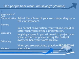 Can people hear what I am saying? (Volume)
• Adjust the volume of your voice depending upon
the circumstances.
In a normal conversation, your volume would be
softer than when giving a presentation.
In giving a speech, you will need to project your
voice so that the person sitting the farthest
away can hear your words clearly.
When you are practicing, practice PROJECTING
your voice.
Planning
Organizing
Delivering
Mistakes
Importance of
Oral
Communication
 