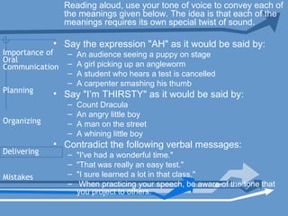 Reading aloud, use your tone of voice to convey each of
the meanings given below. The idea is that each of the
meanings requires its own special twist of sound.
• Say the expression "AH" as it would be said by:
– An audience seeing a puppy on stage
– A girl picking up an angleworm
– A student who hears a test is cancelled
– A carpenter smashing his thumb
• Say "I’m THIRSTY" as it would be said by:
– Count Dracula
– An angry little boy
– A man on the street
– A whining little boy
• Contradict the following verbal messages:
– "I've had a wonderful time."
– "That was really an easy test."
– "I sure learned a lot in that class."
– When practicing your speech, be aware of the tone that
you project to others.
Planning
Organizing
Delivering
Mistakes
Importance of
Oral
Communication
 