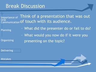 Break Discussion
Think of a presentation that was out
of touch with its audience.
– What did the presenter do or fail to do?
– What would you now do if it were you
presenting on the topic?
Planning
Organizing
Delivering
Mistakes
Importance of
Oral
Communication
 