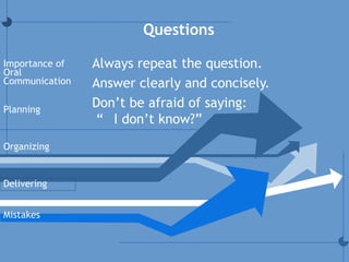 Always repeat the question.
Answer clearly and concisely.
Don’t be afraid of saying:
“ I don’t know?”
Questions
Planning
Organizing
Delivering
Mistakes
Importance of
Oral
Communication
 