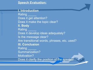 Speech Evaluation:
I. Introduction
Rating _____
Does it get attention?
Does it make the topic clear?
II. Body
Rating _____
Does it develop ideas adequately?
Is the message clear?
Are transitional words, phrases, etc. used?
III. Conclusion
Rating _____
Summarization?
Motivation?
Does it clarify the position of the speaker
 