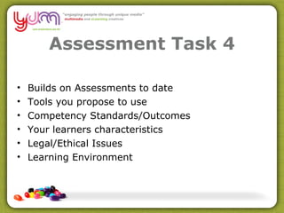 Assessment Task 4 Builds on Assessments to date Tools you propose to use Competency Standards/Outcomes Your learners characteristics Legal/Ethical Issues Learning Environment 
