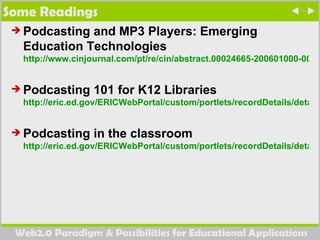 Some Readings Podcasting and MP3 Players: Emerging Education Technologies  http://www.cinjournal.com/pt/re/cin/abstract.00024665-200601000-00005.htm;jsessionid=L3hR850v1nfl2zGwW0qnNHTJ0LmzRbCvg74RGr1MG2CyNvgSNDpW!-1450018595!181195629!8091!-1   Podcasting 101 for K12 Libraries http://eric.ed.gov/ERICWebPortal/custom/portlets/recordDetails/detailmini.jsp?_nfpb=true&_&ERICExtSearch_SearchValue_0=EJ750589&ERICExtSearch_SearchType_0=no&accno=EJ750589   Podcasting in the classroom http://eric.ed.gov/ERICWebPortal/custom/portlets/recordDetails/detailmini.jsp?_nfpb=true&_&ERICExtSearch_SearchValue_0=EJ728915&ERICExtSearch_SearchType_0=no&accno=EJ728915   