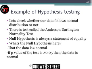 43

Example of Hypothesis testing
• Lets check whether our data follows normal
distribution or not
• There is test called the Anderson Darlington
Normality Test
• Null Hypothesis is always a statement of equality
• Whats the Null Hypothesis here?
-That the data is= normal
-if p value of the test is >0.05 then the data is
normal
©

 