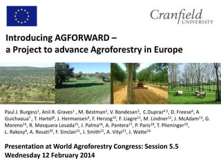 Introducing AGFORWARD –
a Project to advance Agroforestry in Europe

Paul J. Burgess1, Anil R. Graves1 , M. Bestman2, V. Bondesan3, C.Dupraz4,5, D. Freese6, A
Guichaoua7 , T. Hartel8, J. Hermansen9, F. Herzog10, F. Liagre11, M. Lindner12, J. McAdam13, G.
Moreno14, R. Mosquera Losada15, J. Palma16, A. Pantera17, P. Paris18, T. Plieninger19,
L. Rakosy8, A. Rosati20, F. Sinclair21, J. Smith22, A. Vityi23, J. Watte24

Presentation at World Agroforestry Congress: Session 5.5
Wednesday 12 February 2014

 