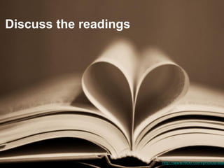 Discuss the readings 
http://www.flickr.com/photos/tearsandrain/ 