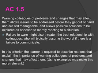 AC 1.5
Warning colleagues of problems and changes that may affect
them allows issues to be addressed before they get out of hand
and are still manageable, and allows possible solutions to be
explored as opposed to merely reacting to a situation.
 Failure to warn might also threaten the trust relationship with
colleagues, who will typically assume the worst if there is a
failure to communicate.
In this criterion the learner is required to describe reasons that
explain the importance of warning colleagues of problems and
changes that may affect them. (Using examples may make this
more relevant.)
 