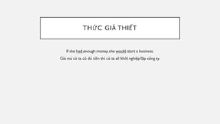 THỨC GIẢ THIẾT
If she had enough money, she would start a business.
Giá mà cô ta có đủ tiền thì cô ta sẽ khởi nghiệp/lập công ty.
 